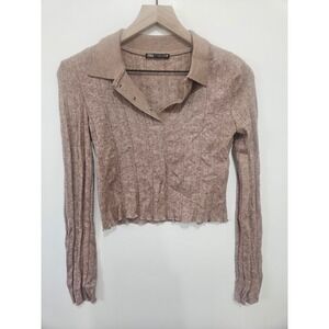Zara Womens Ribbed Knit Polo Long Sleeve Cropped Sweater Taupe Brown Small